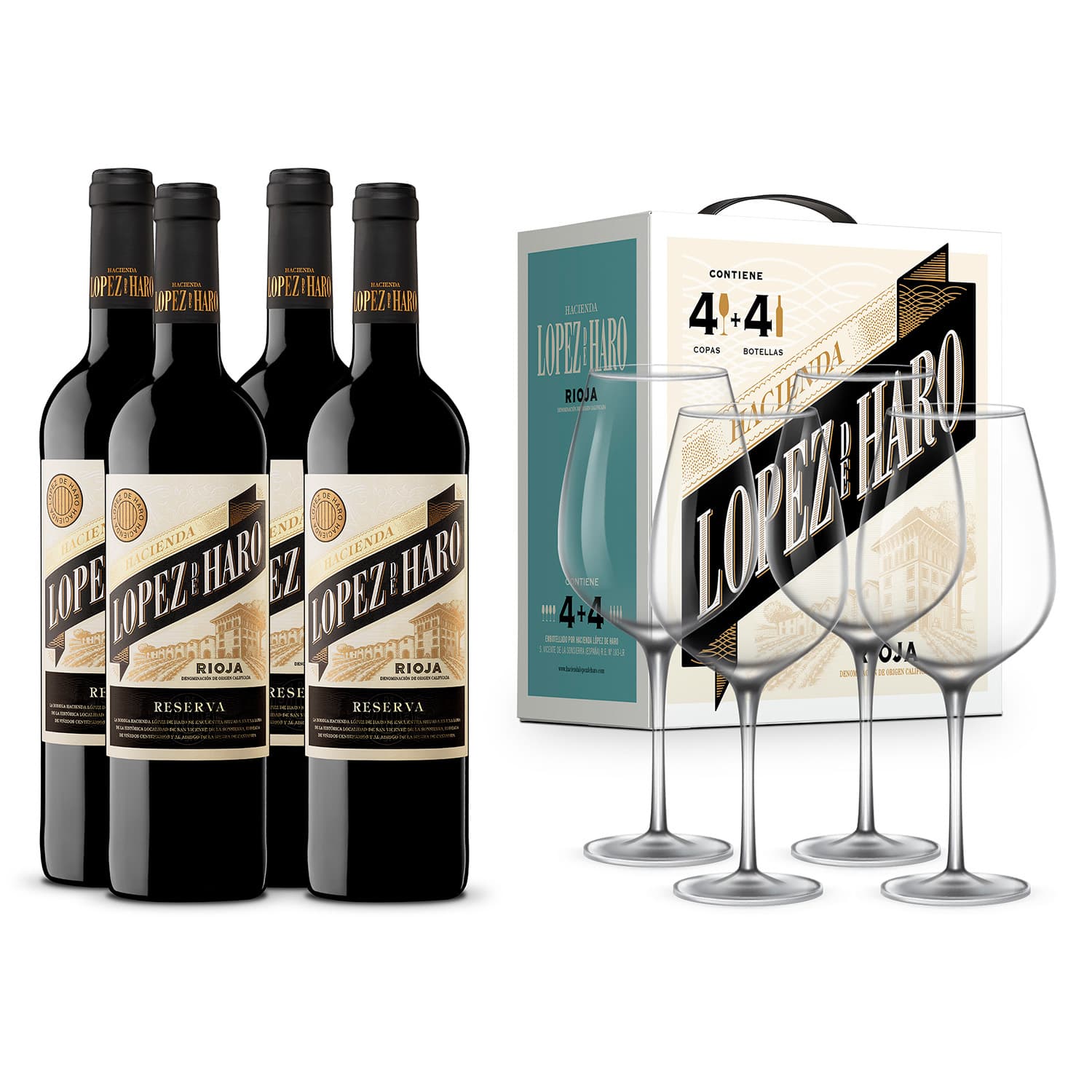 Hacienda López de Haro Reserva | 4 botellas + 4 copas – de Vinoselección – en Vinoselección